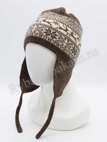 Шапка-ушанка с рисунком, 100% овечья шерсть с оленями